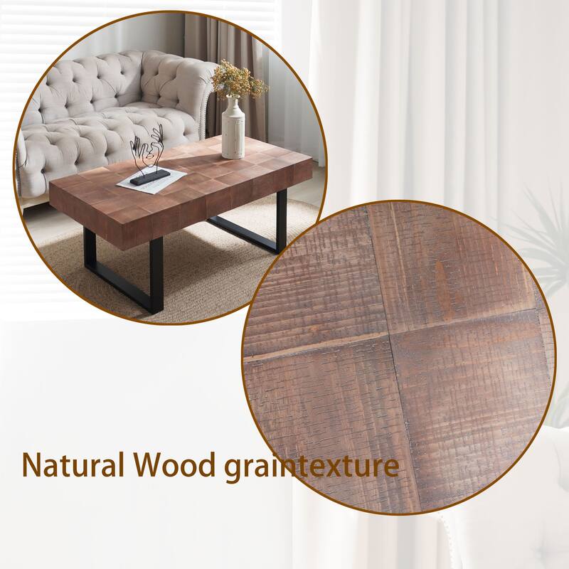 Roomfitters Industrial Coffee Table with Parquet Top, 47" Rectangular Center Table, Wood & Metal Frame, Rustic Brown