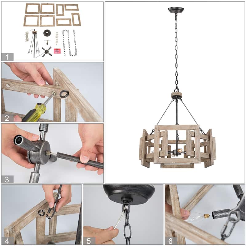 Solid Wood Farmhouse 4-Light Drum Chandelier for Dining Room in Distressed Finish - L20" xW20 "xH23.5"