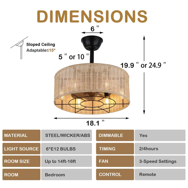 20" Oaks Aura Rattan Wicker Zen Conception Ceiling Fan with Lights,3- Speed Scandi Style Fan lights w/Remote, Downrod Included