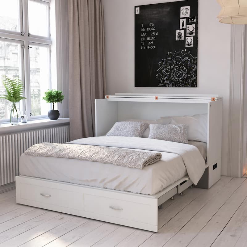 Hamilton Queen Murphy Bed Chest with 6" Mattress, Storage Drawer & Built-In Charger in White