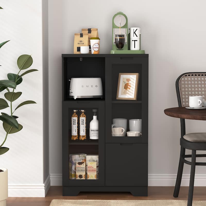 Wooden Floor Cabinet with 2 Glass Doors and 2 Storage Space