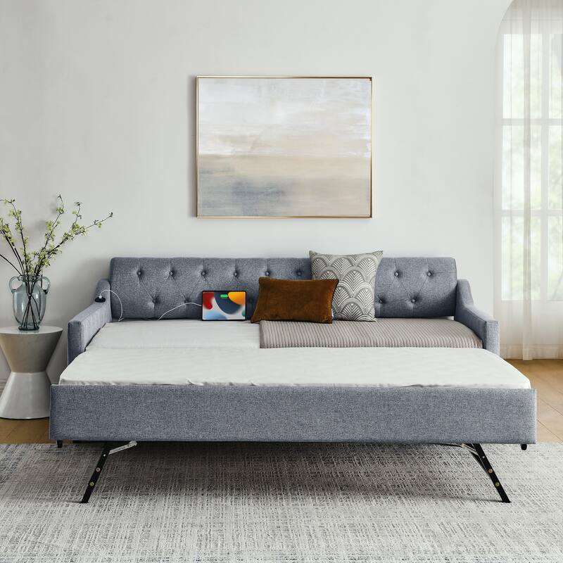 Twin Size Upholstery Daybed with Erectable Trundle & USB Design