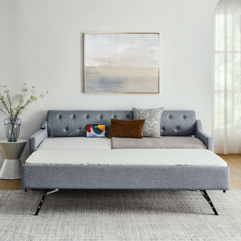 Upholstery DayBed with Twin Size Erectable Trundle and USB Charging Design - Grey - Twin