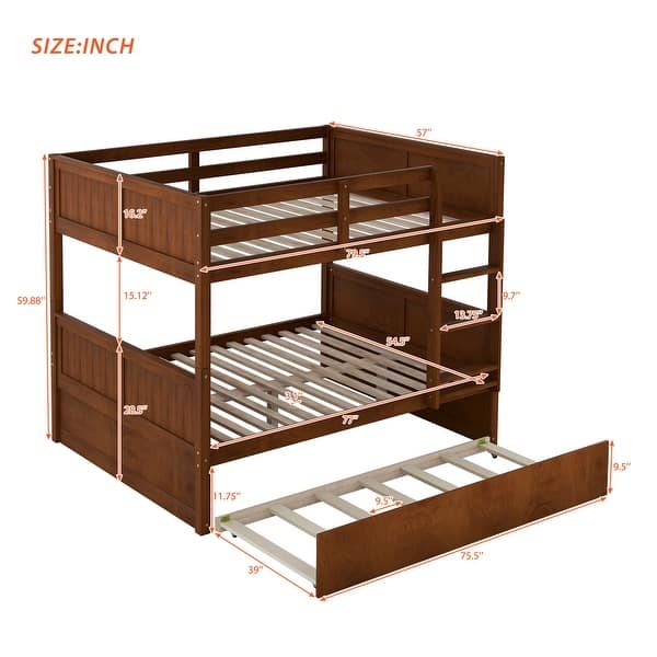 Full Over Full Wood Bunk Bed with Twin Size Trundle, Walnut