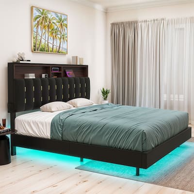 Moasis King Black Floating Bed Frame Upholstered Platform Bed with RGB LED Lighting