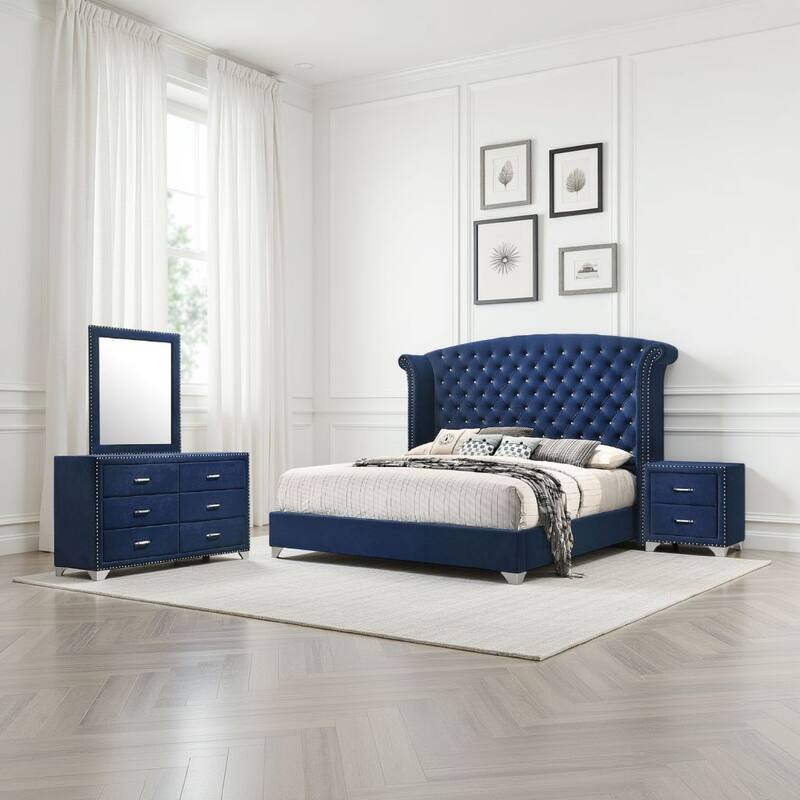 Giya 4pc King Bedroom Set, Classic Tufted Dark Blue Velvet Upholstery