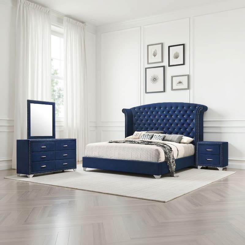 Giya 4pc Queen Bedroom Set, Classic Tufted Dark Blue Velvet Upholstery