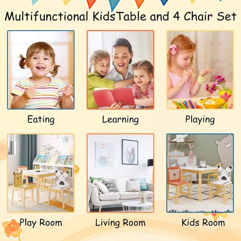 Kids 5 Piece Solid Hardwood Table and Chair Set for Playroom, Kitchen