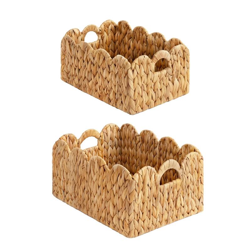 StorageWorks 2-pack Scalloped Edge Wicker Storage Baskets with Built-in Handles - Rectangular set - Water Hyacinth