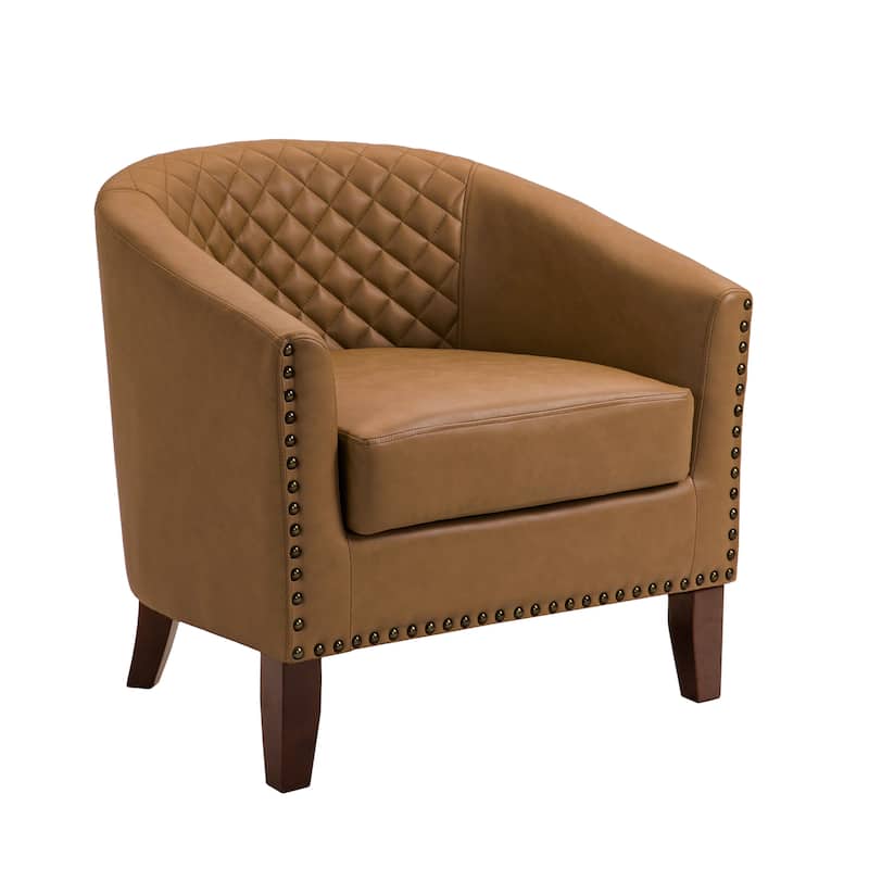 Modern Leather Nailheads Trim Barrel Accent Chairs with Wood Legs