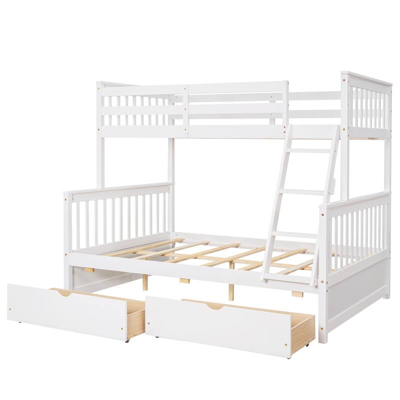 Twin Over Full Bunk Bed with 2 Storage Drawers, Wood Bunkbeds w/Ladders