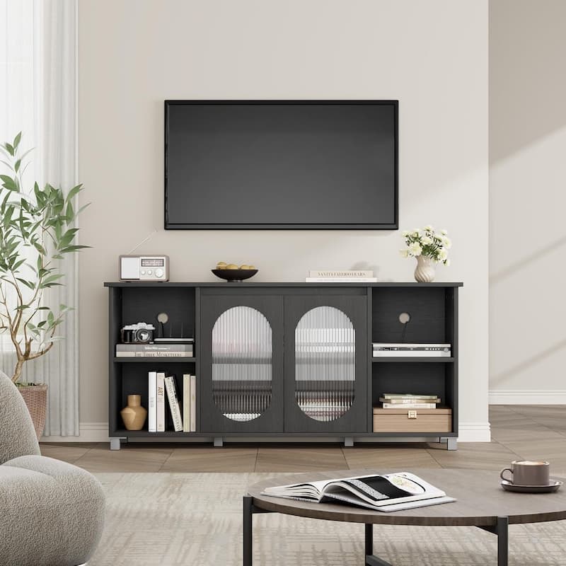 70 inch TV Stand with Frosted Glass Doors with Storage Shelves for Living Room - N/A
