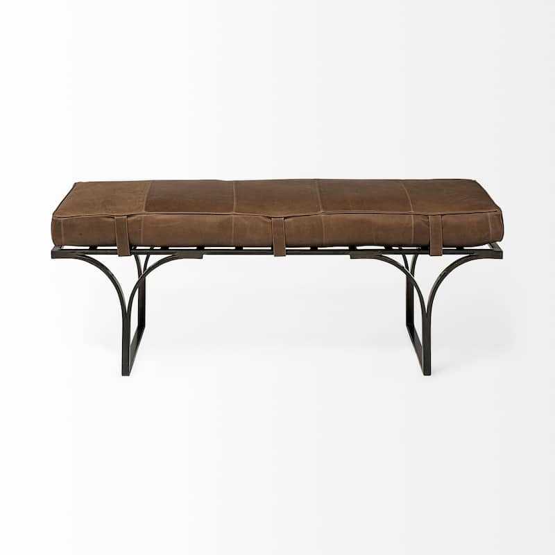 Jessie 55L x 16W Brown Leather Seat W/Black Metal Base Accent Bench - 55.0L x 16.0W x 19.0H
