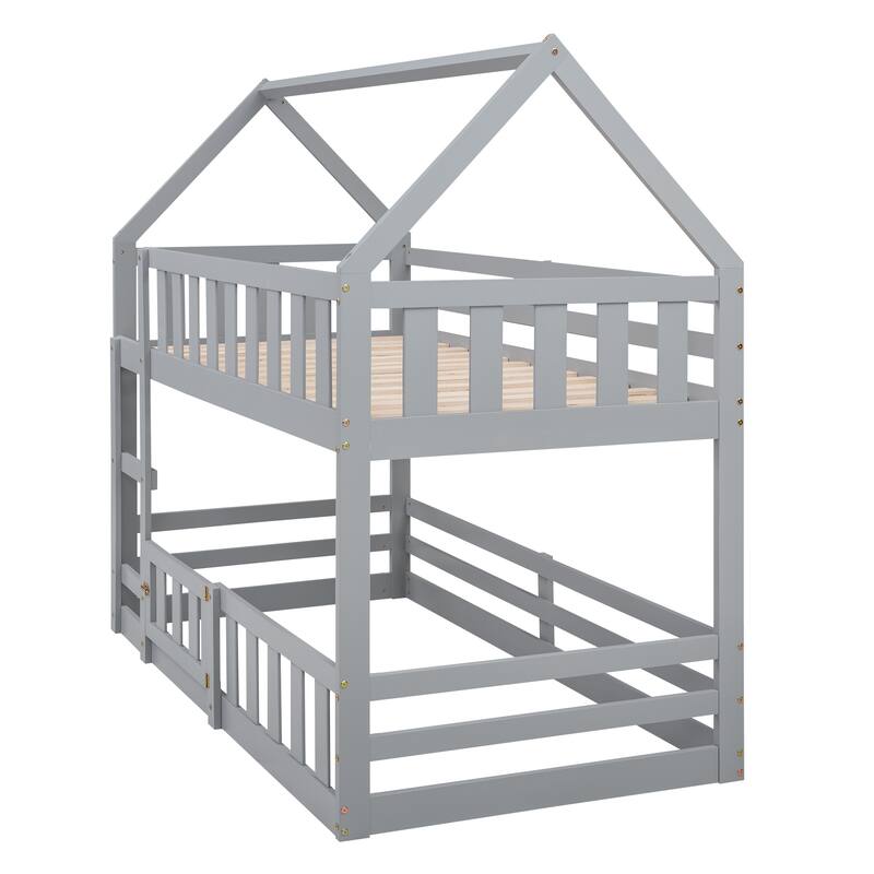 Roomfitters Twin over Twin House Bunk Bed with Fence and Door Design, Gray