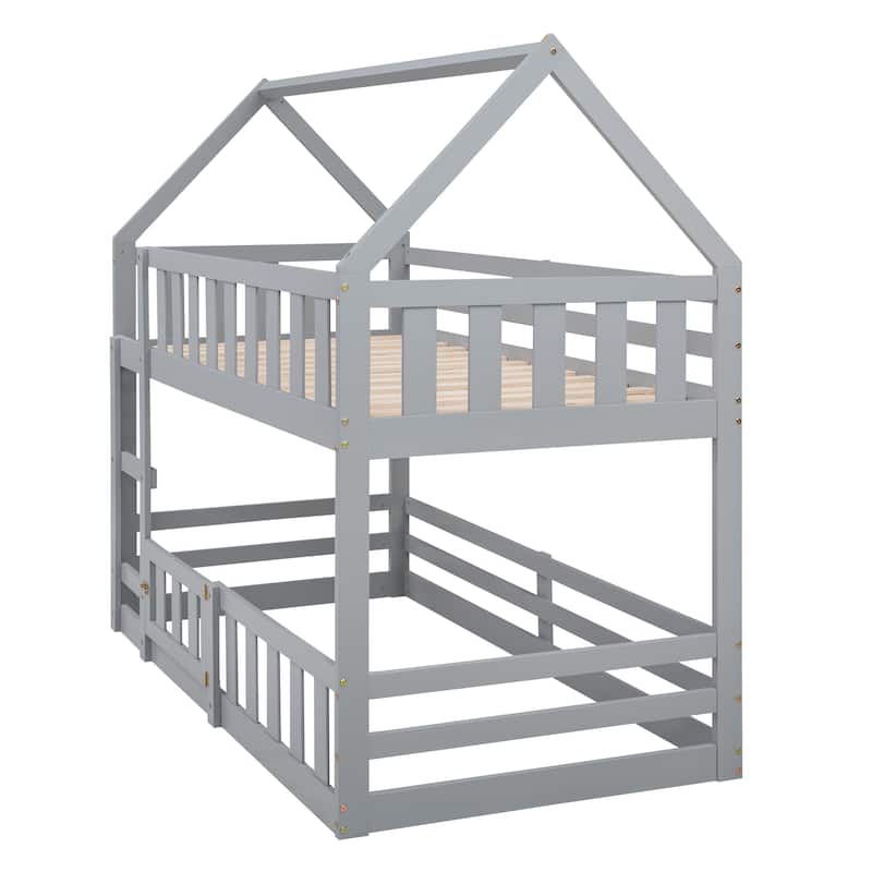Twin Pine House Bunk Bed with Fence, Guardrail, and Door