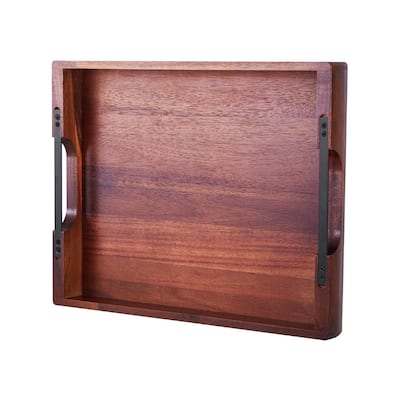 Dark Walnut Acacia Wood Serving Tray with Black Metal Handles for Food and Decor - 17 x 12.2 x 1.97 in