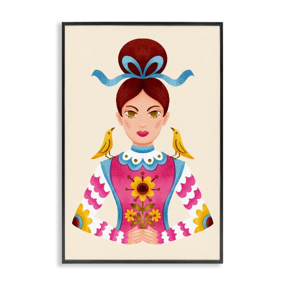 Stupell Brunette Girl with Birds Framed Giclee Art Design By Hannah Moren