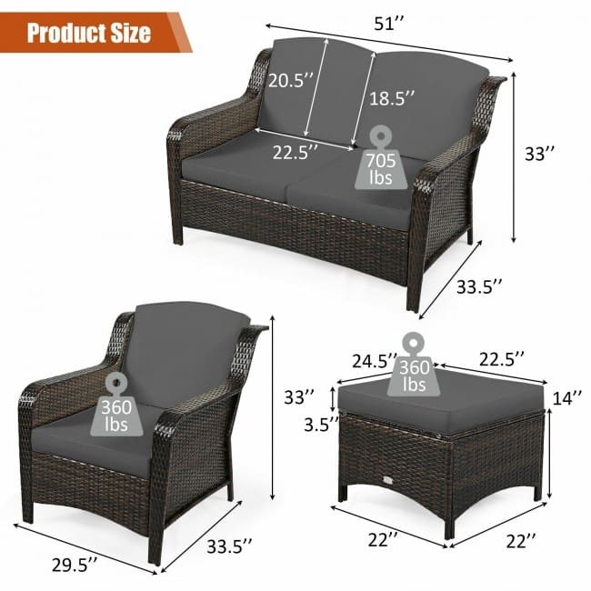 5 Pieces Patio Rattan Sofa Set with Cushion and Ottoman - 51" x 33.5" x 33" (L x W x H)