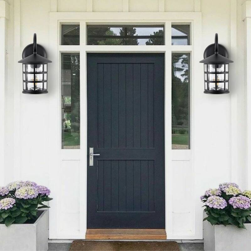 Plains 6" 1-Light Iron/Seeded Glass Cottage Rustic Scrolled Lantern LED Outdoor Lantern, Black (Set of 2) by JONATHAN Y