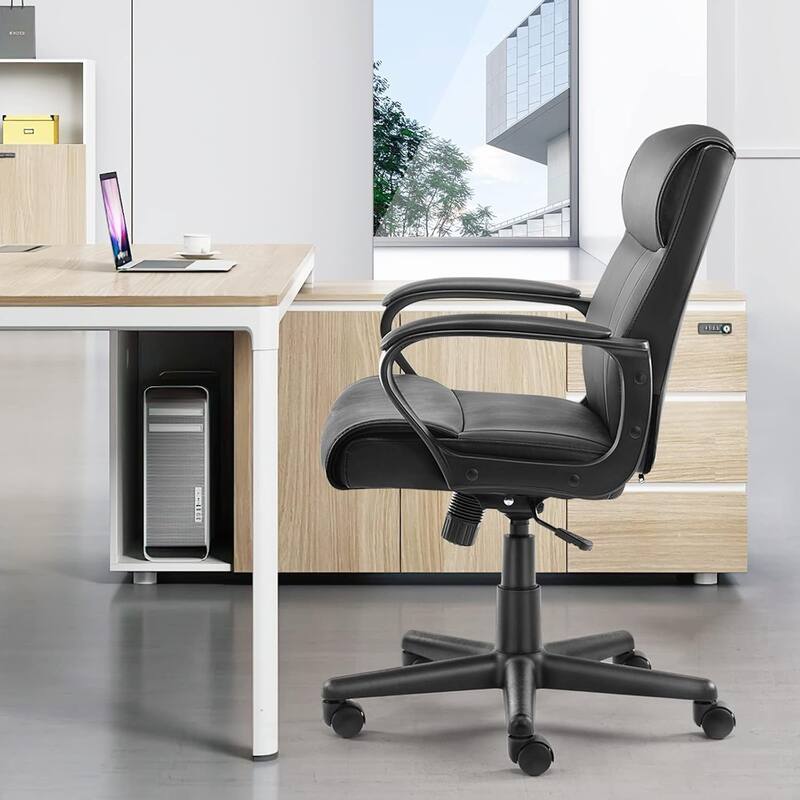 Executive Office Chair with Padded Armrests Mid Back Lumbar Support and Adjustable Height Tilt Angle, PU Leather Swivel Rolling
