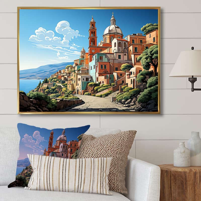 Designart "Italian Village By The Coast II" Landscape Italy Green Wall Decor - Global Entryway Framed Wall Art - 20 in. wide x 12 in. high - Gold