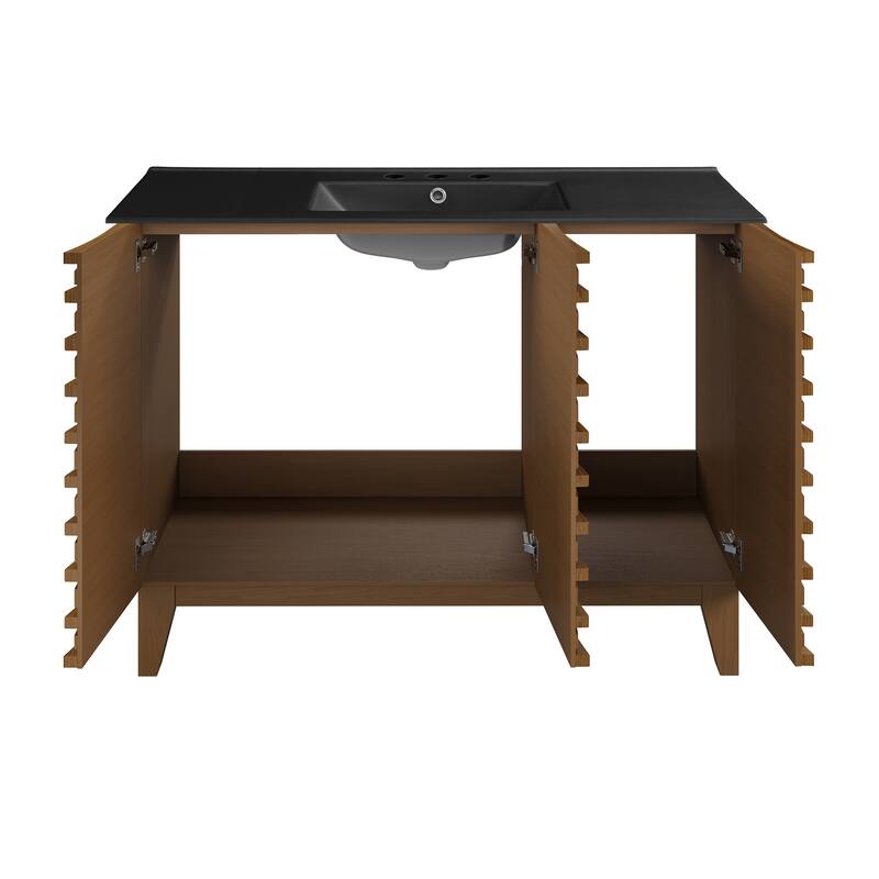 Cascade 48 In. Brown Oak Bathroom Vanity With Black, 3-Hole Ceramic Sink Top