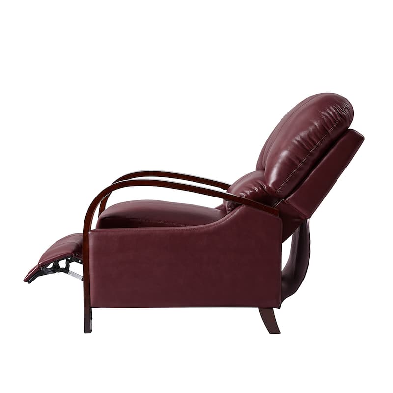 Alex Mid-century Modern Genuine Leather Manual Recliner with Wooden Curved Arms