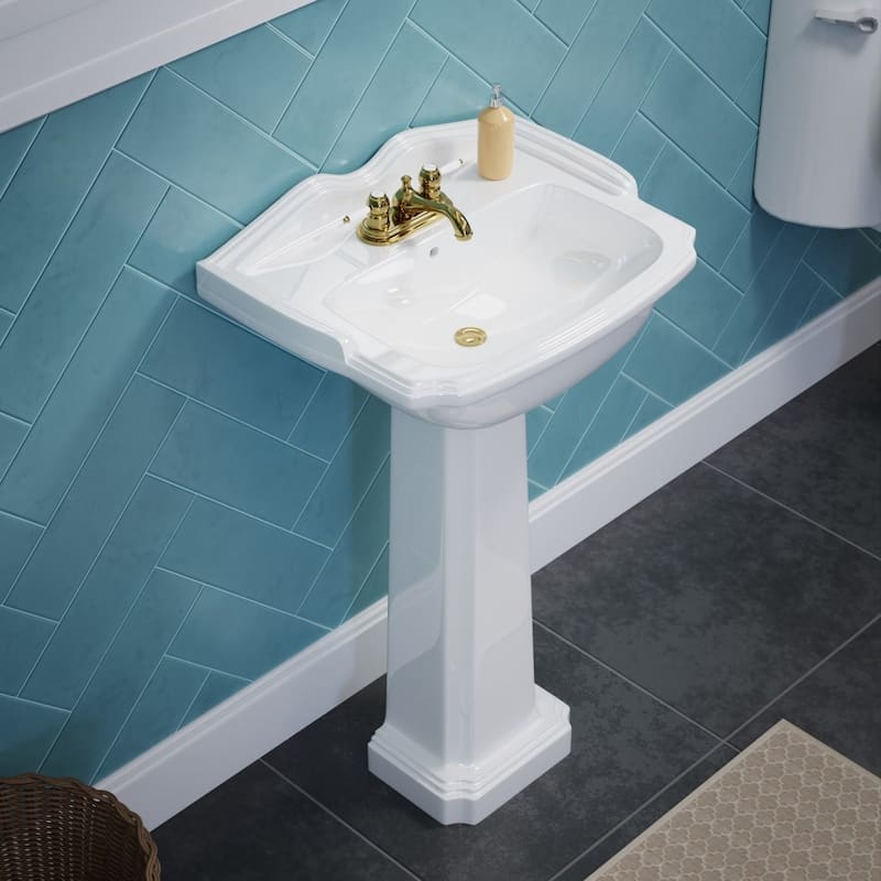 Cloakroom White Bathroom Pedestal Sink with Overflow and Centerset Faucet Holes