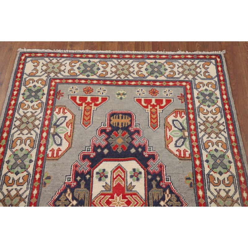 Traditional Grey Kazak Foyer Rug Hand-Knotted Wool Carpet - 3'2" x 4'11"