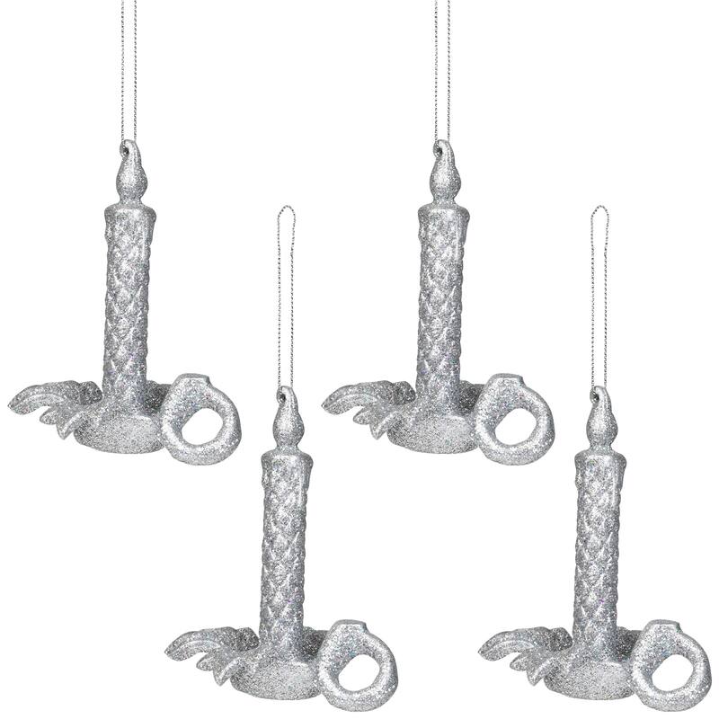 Glitter Drenched Candlestick Christmas Ornaments - 4" - Silver - Set of 4