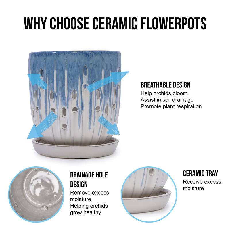 Anmytek Handmade Ceramic Planter Set of 2 Blue White