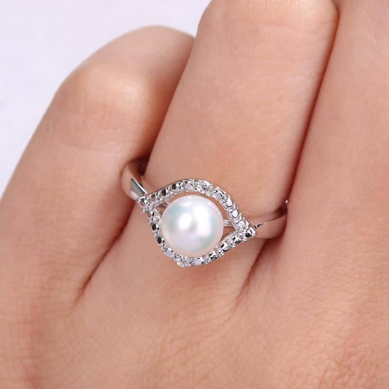 Miadora Sterling Silver Cultured Freshwater Pearl & Created White Sapphire Halo Ring (7-7.5mm)