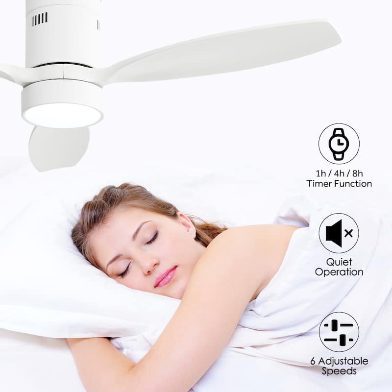52 Inch Flush Mount Wood Blades White Ceiling Fan Reverse Airflow,6 Wind Speed,Remote Control