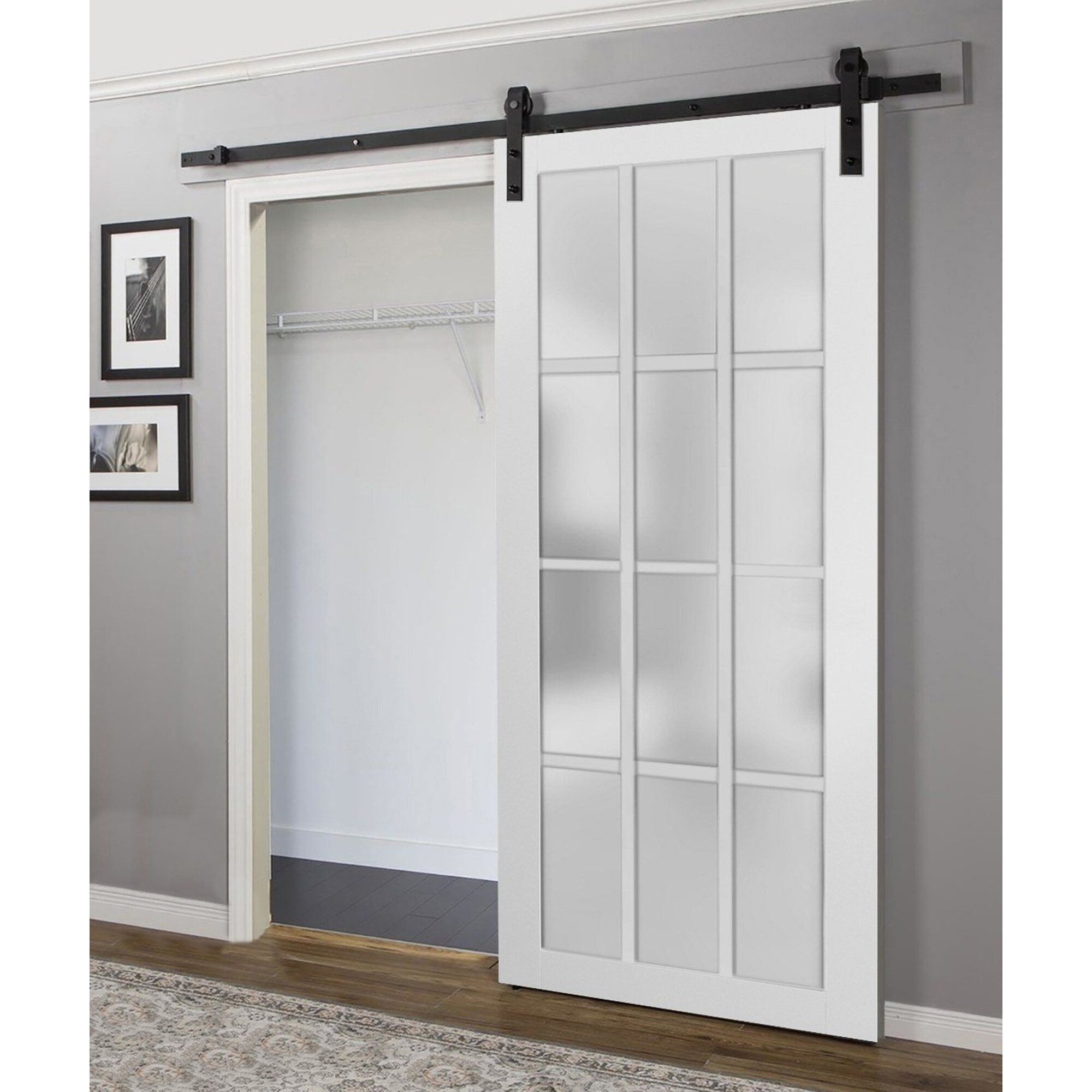 wesley french style 12 lites frosted glass solid wooden barn door in matte white finish 32 in x 80 in overstock 32646607