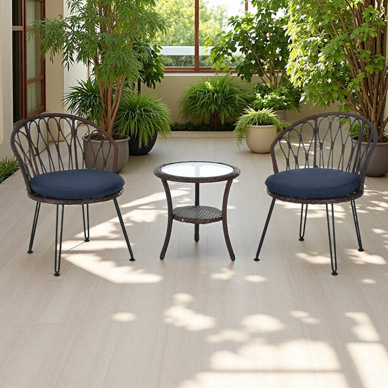 3-Piece Outdoor Patio Rattan Conversation Leisure Chairs Set with 2 Chair and Glass Coffee Table - Blue+Brown
