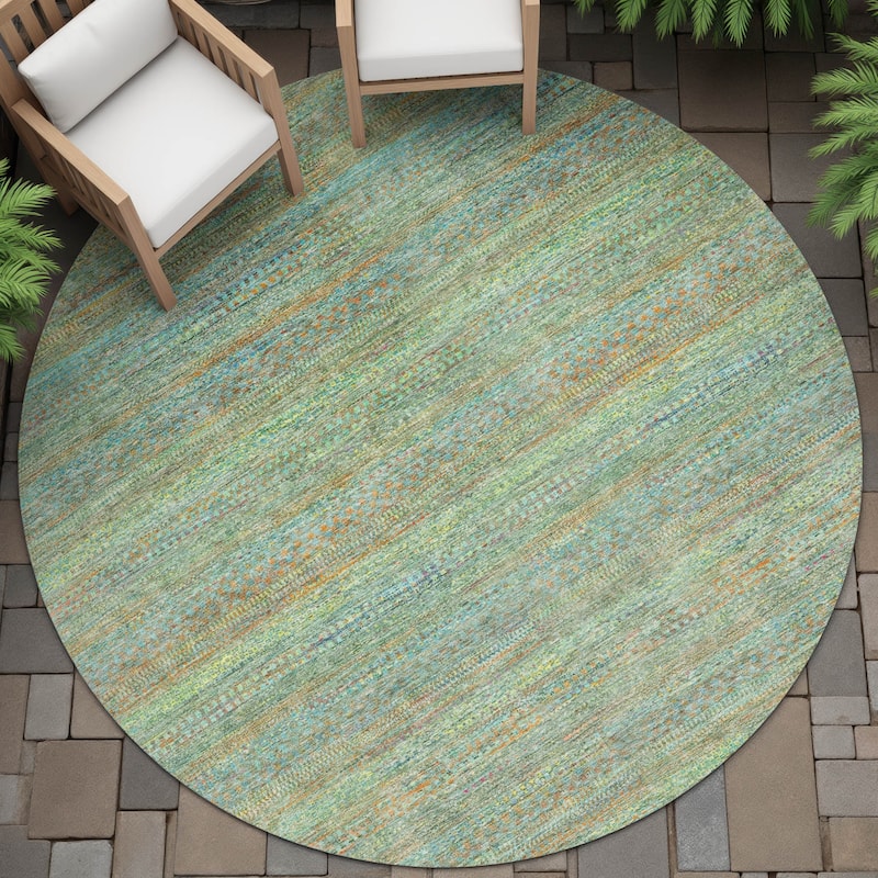 Machine Washable Indoor/Outdoor Modern Stripes Chantille Rug - Green - 8' x 8'
