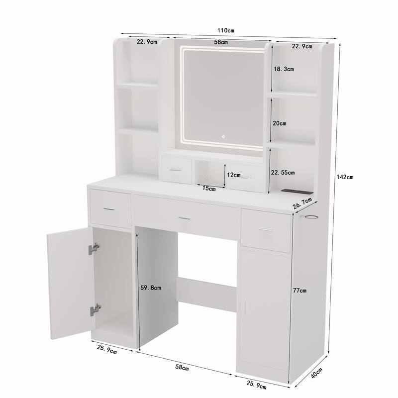 Makeup Vanity Desk with Touch LED Mirror, 5 Drawers, Hidden Shelves & Storage Cabinet for Bedroom