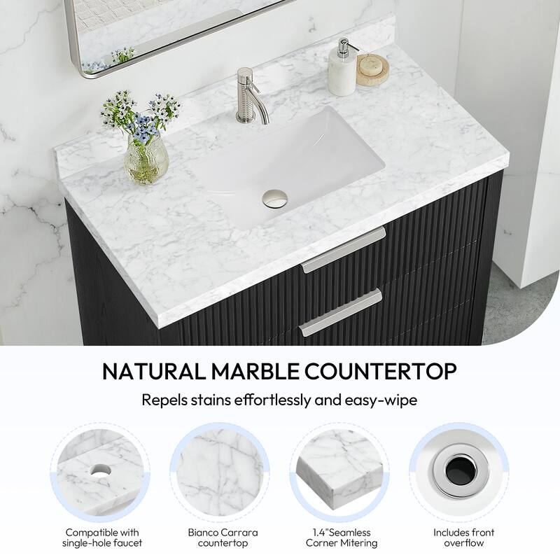 Zevio Natural Marble Vanity Top in Carrara White with Ceramic Sink