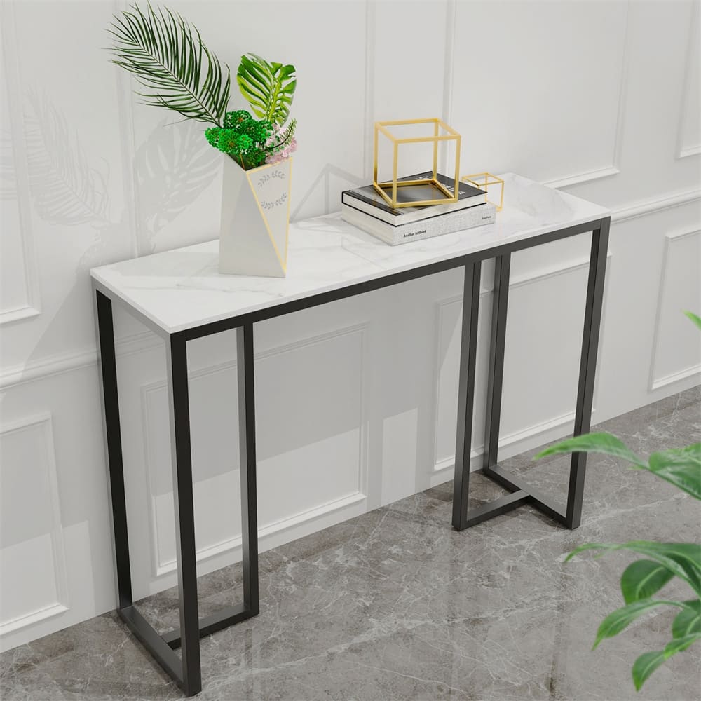 UNHO Modern White Marble Sofa Table with Metal Legs Console Table On