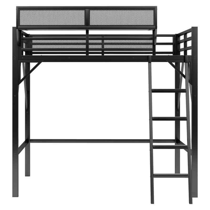 Full Size Metal Loft Bed with Ladder and Storage Shelves for Kids and Teens, Black