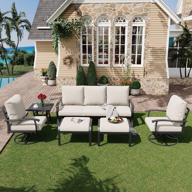 EROMMY Patio Set: 360° Swivel Rockers, Sofa, Ottomans & Table – Outdoor Conversation Set for Poolside, Garden & Deck - 6 PCS - Sofa & Swivel Rocking Chair - Beige