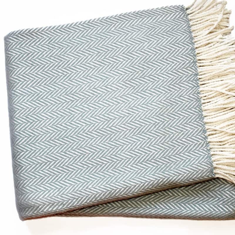 HomeRoots 70" X 55" Sky Blue And White Cotton Blend Woven Herringbone Plush Throw Blanket with Tassels