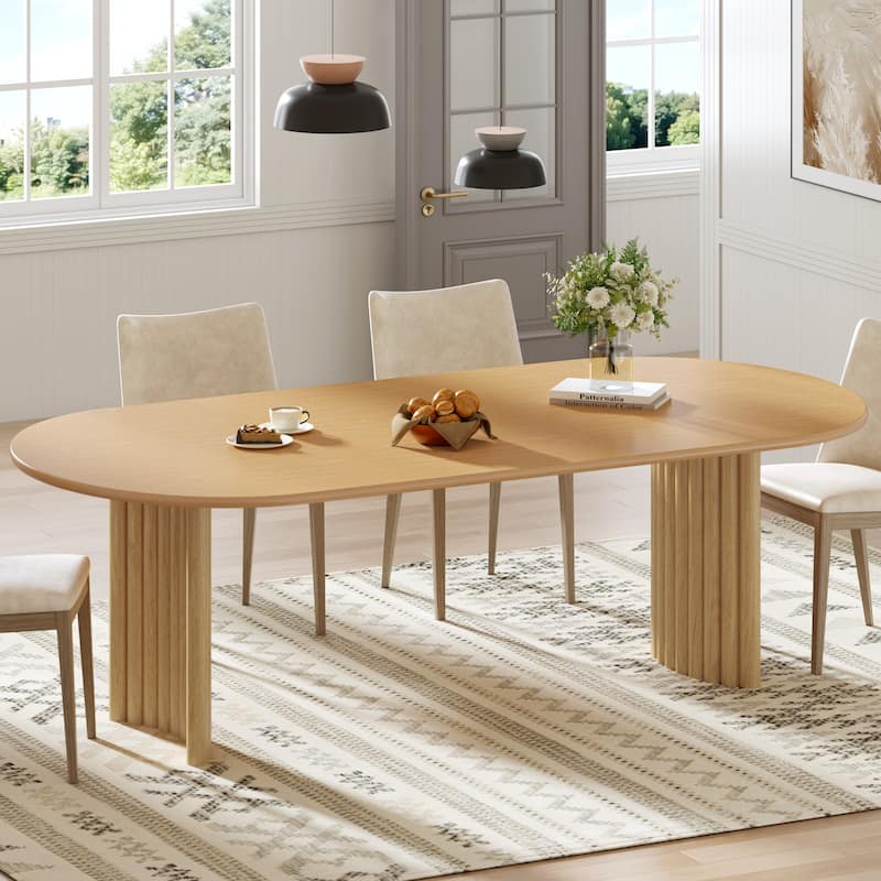 Oval Dining Table with Arc-Shaped Edge Top and Stripes Base Modern Farmhouse Kitchen Table for Living Room Dining Room - 79 in.L x 33.5 in.W - Natural