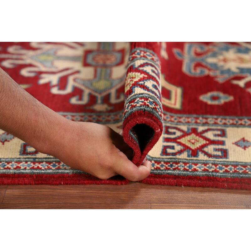 Red Geometric Kazak Runner Rug Handmade Oriental Wool Carpet - 2'9" x 10'1"