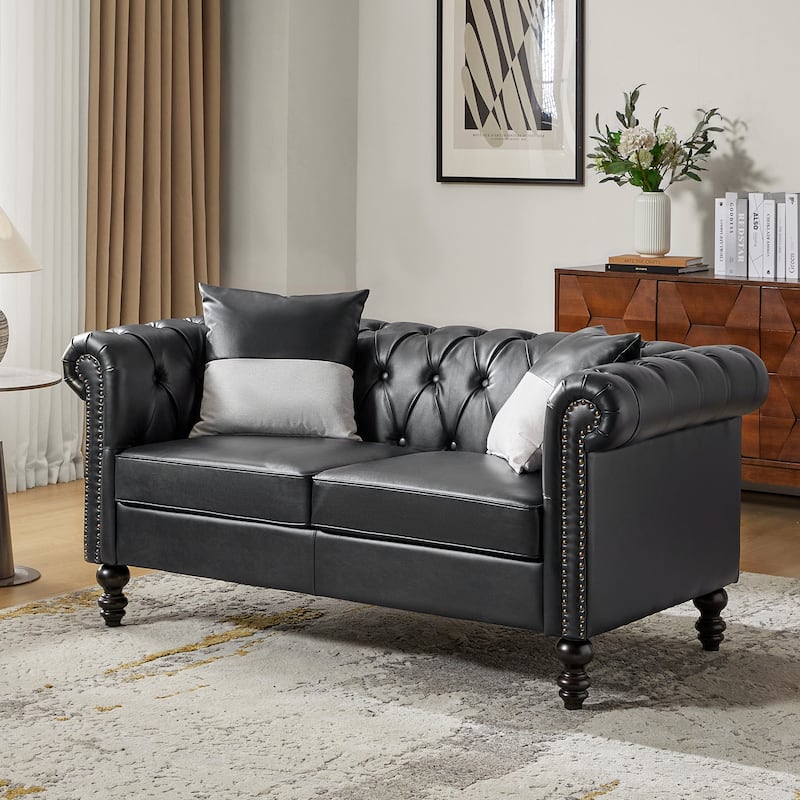 Faustina Traditional 62.2" Wide Leather Sofa with Solid Wood Legs - Black