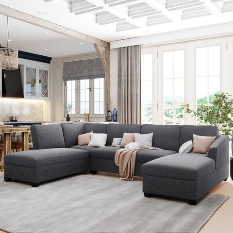 U_style 4 Seat Sofa Furniture Set Living Room Upholstered Sectional Wood Frame Sofa Double Extra Wide Chaise Lounge Couch