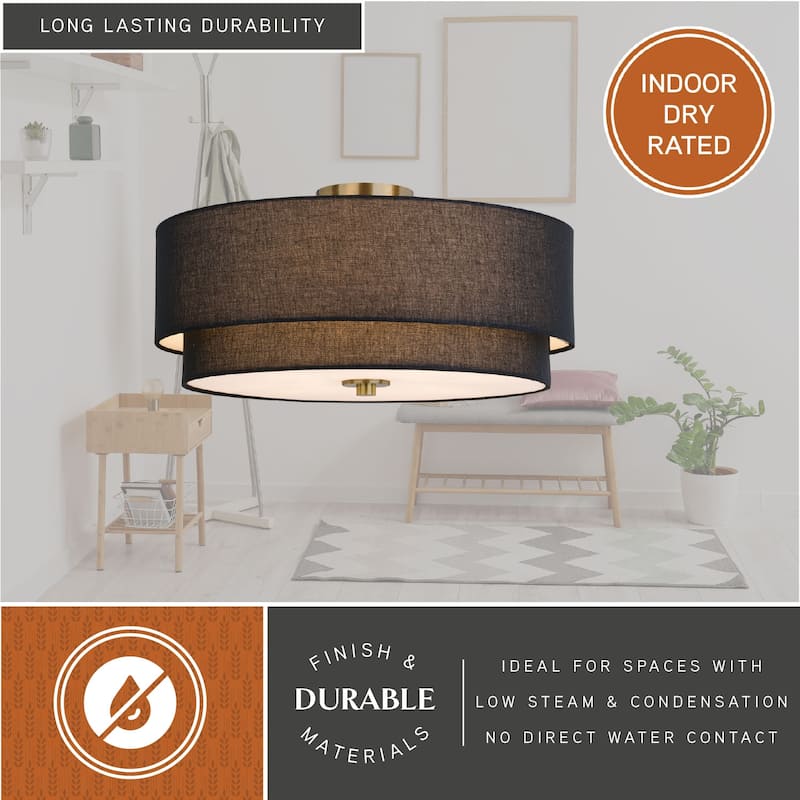 Burnaby Gold Brass Mid-Century Modern Semi Flush Mount Ceiling Light Black Linen Drum Shade