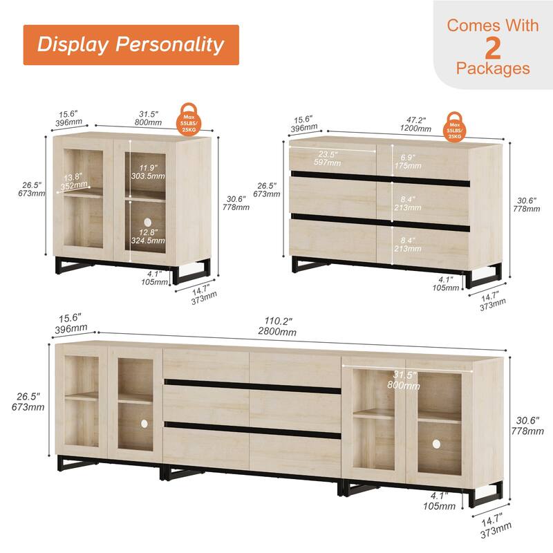 WAMPAT 3 in 1 Multifunctional Dresser with Glass Doors and 6 Drawers, Modern Chest of Drawers for Bedroom