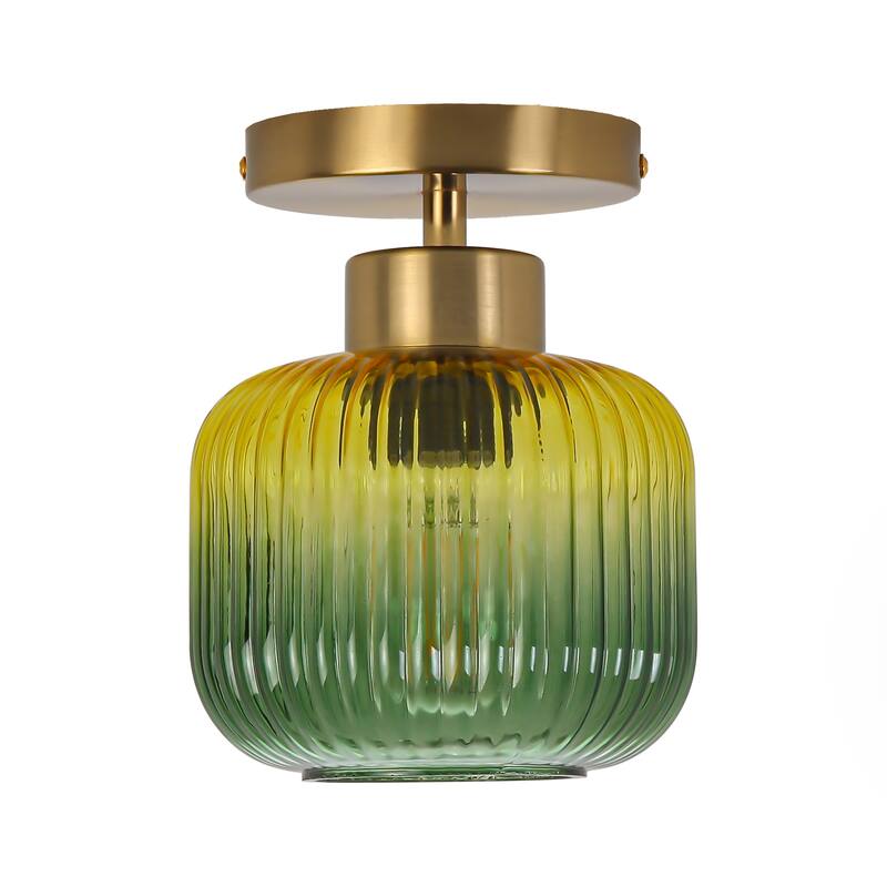 5.9" Wide Vintage Gold Semi Ceiling Light Flush Mount with Green Glass - D 5.9" x H 7.7"