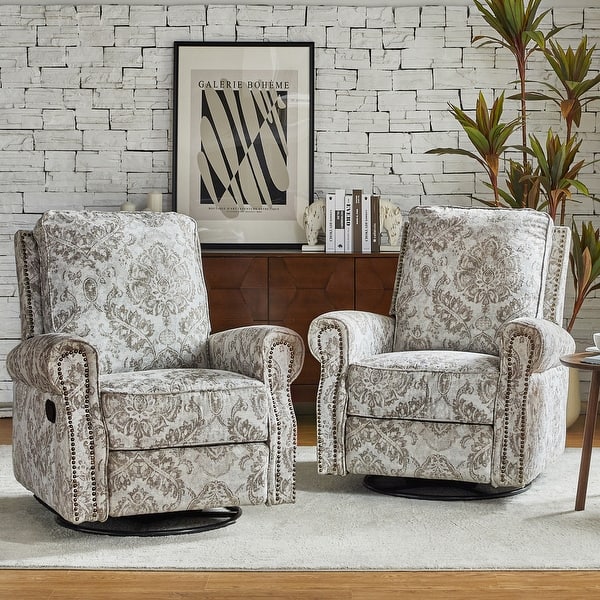 slide 2 of 11, Roderich Farmhouse Floral Print Swivel Rocker Recliner with Rolled Arms Set of 2 by HULALA HOME BEIGE